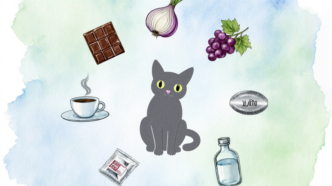 Акварельный круг из восьми ядовитых продуктов вокруг силуэта кошки.