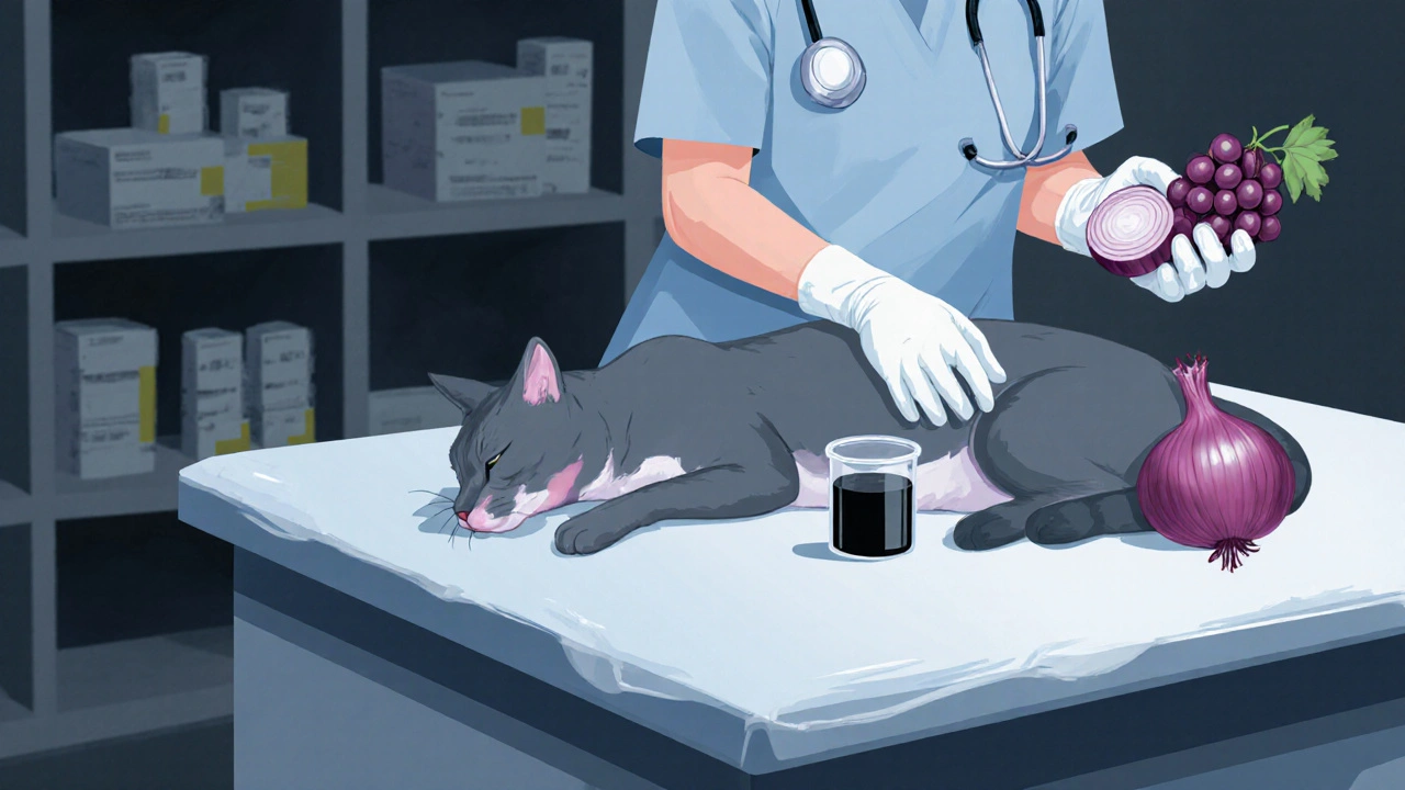 Бледная кошка на ветеринарном столе, рядом — лук и виноград.