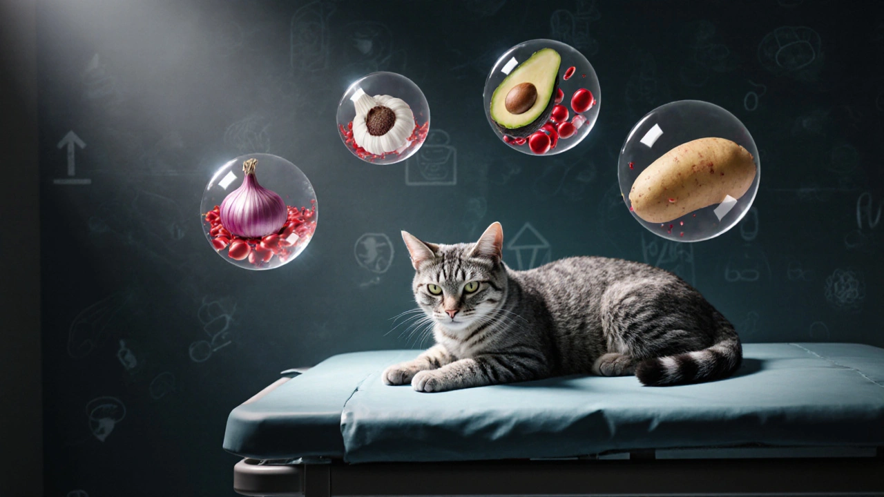 Больная кошка на ветеринарном столе с токсичными овощами, растворяющимися в крови.