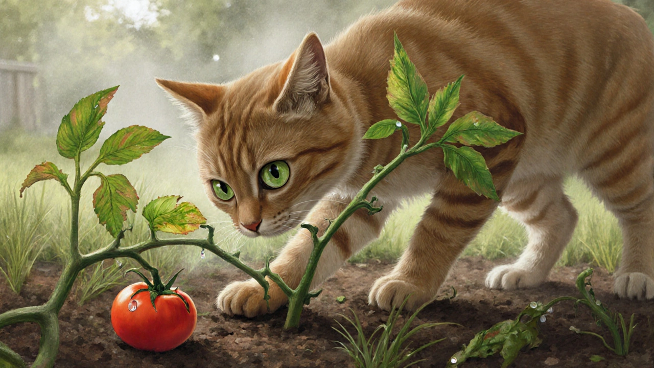 Кошка исследует зелёный помидорный куст в саду.
