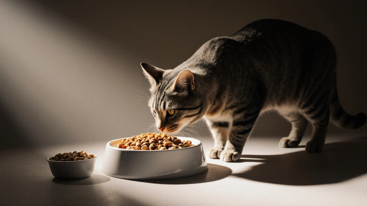 Кошка осторожно sniffает домашнюю еду рядом с сухим кормом