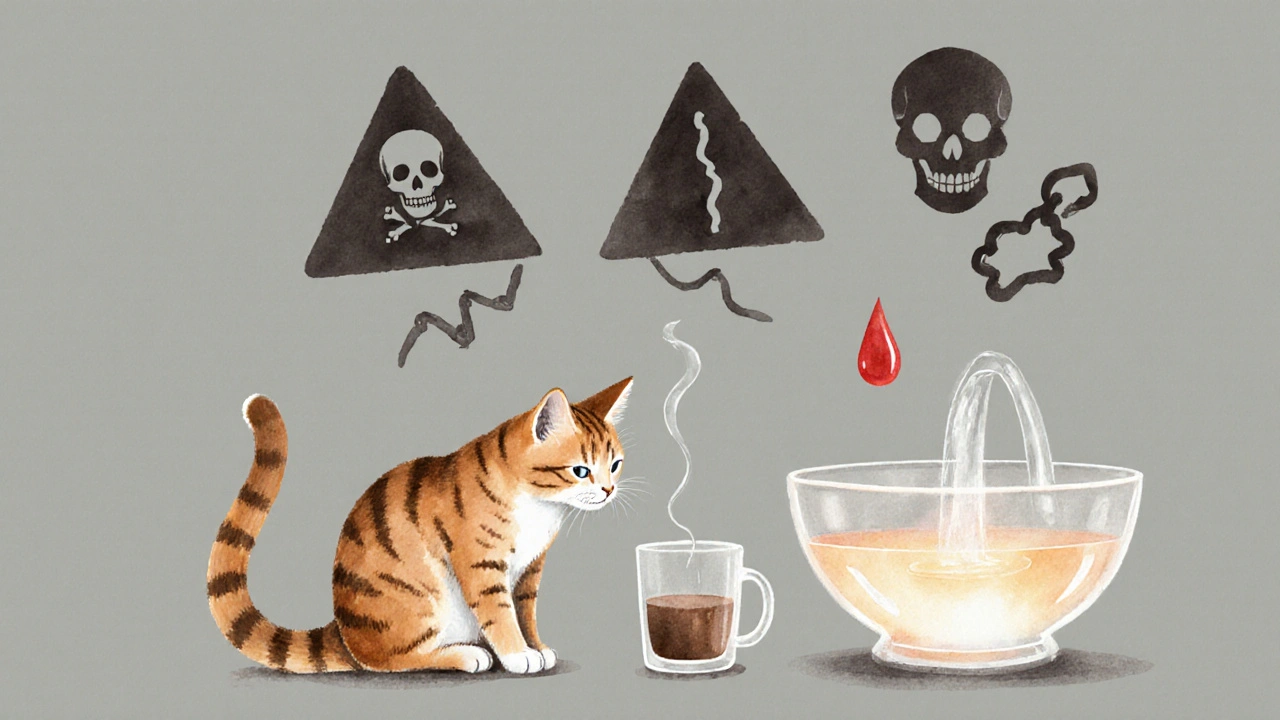 Кошка смотрит на молоко и кофе, в то время как чистая вода светится на фоне.