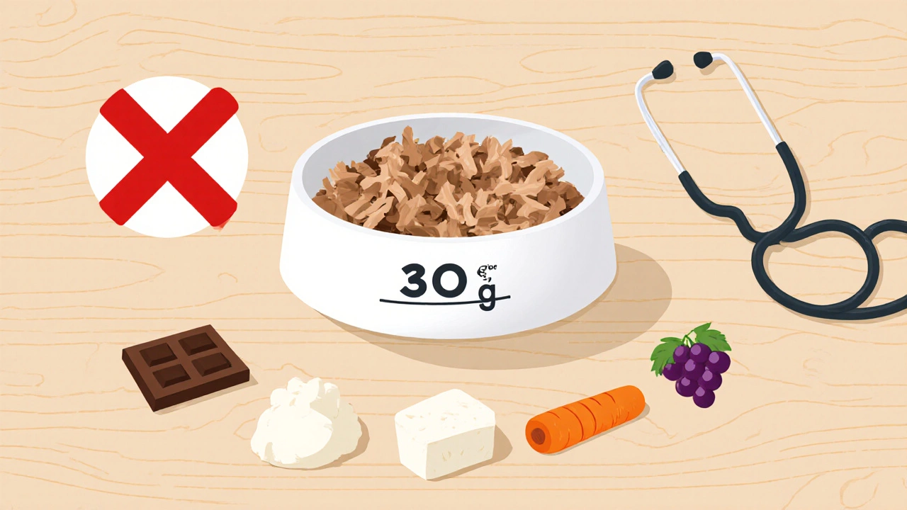 Кот ест небольшую порцию безопасных продуктов; рядом символы запрещённых продуктов и ветеринарные инструменты.