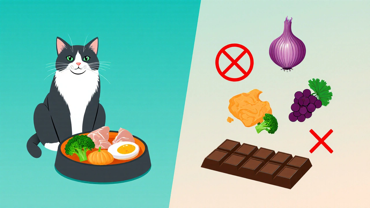 Кот ест смесь курицы, яйца, тыквы и брокколи; рядом запрещён лук, виноград и шоколад.