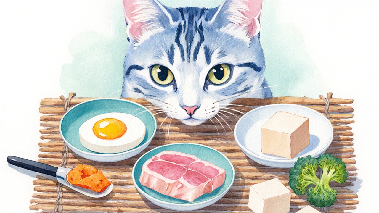 Кот наблюдает за четырьмя блюдцами с яйцом, курицей, тунцом и тофу, рядом – тыква и брокколи.