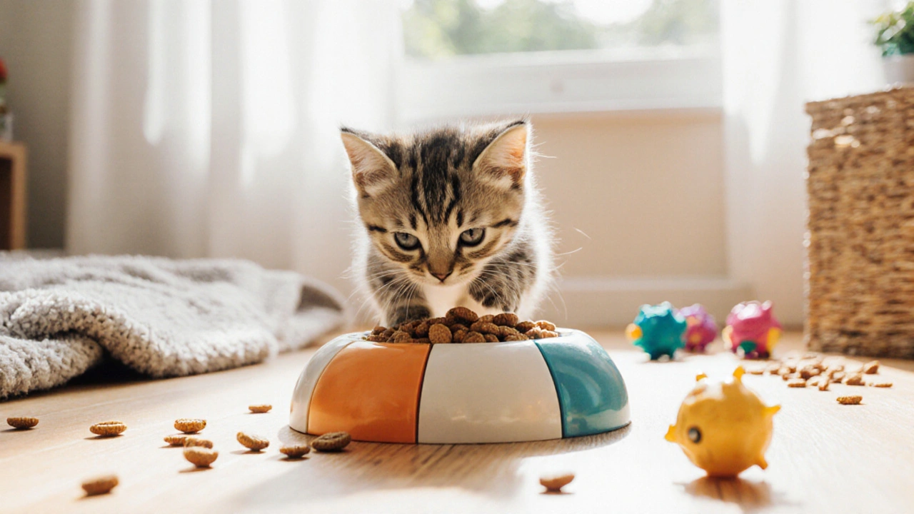 Котёнок играет с игрушкой-кормушкой, наполненной сухим кормом.