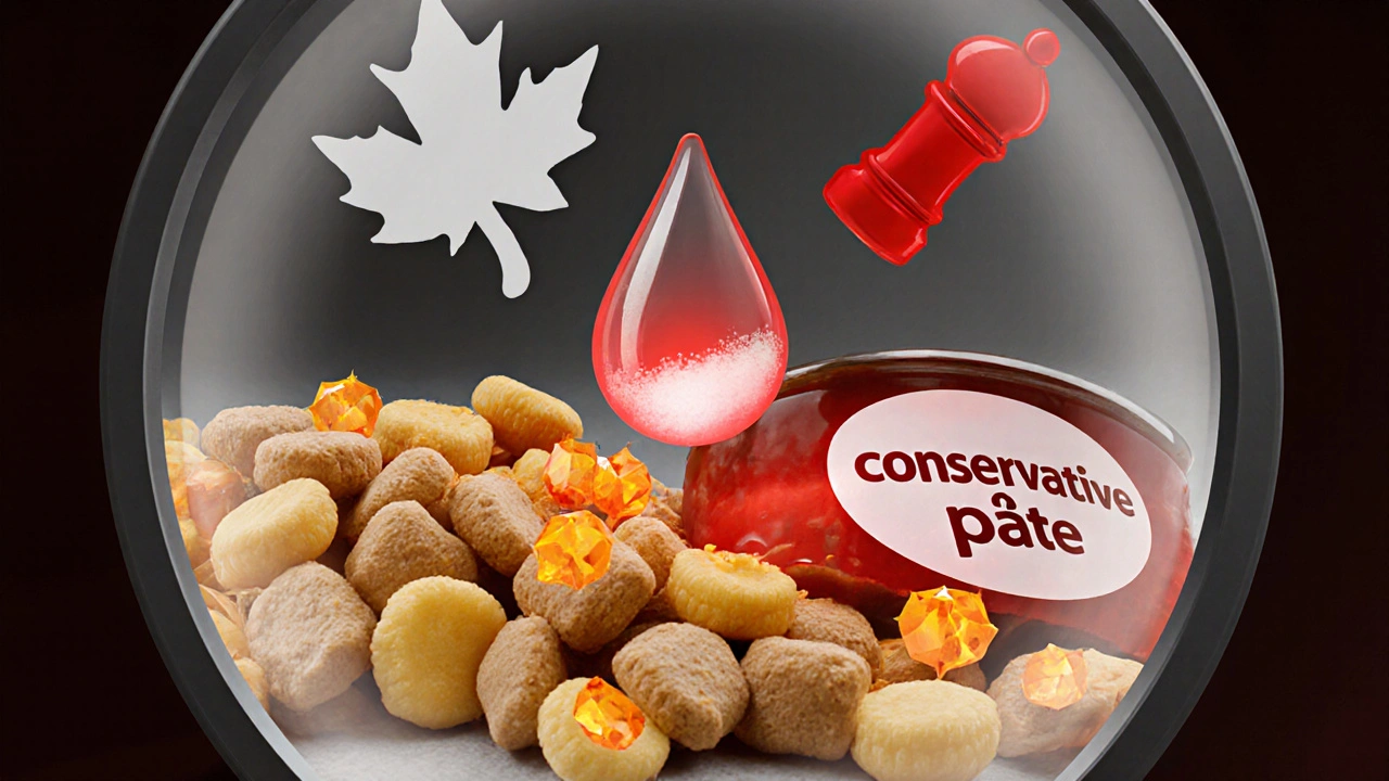 Крупный план корма с видимыми зерновыми и химическими добавками, рядом символы опасности.