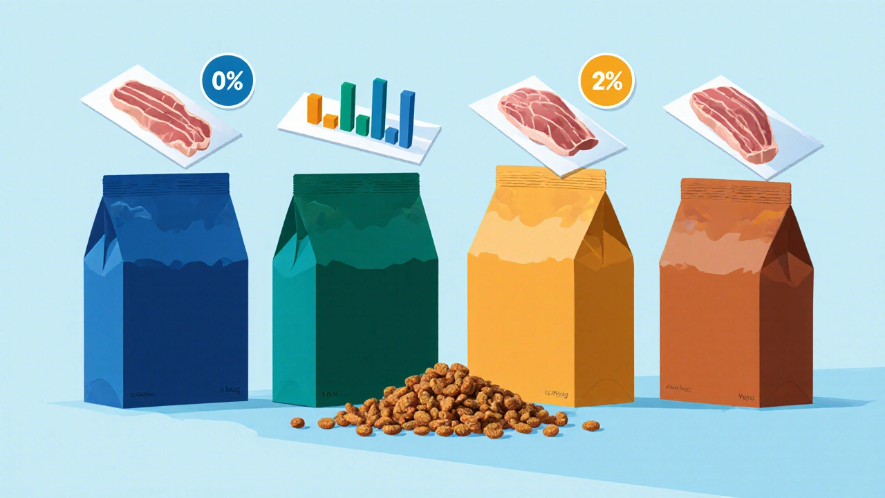 Пять разновидностей сухого корма расположены вокруг, каждая с ярким изображением уровня мяса.