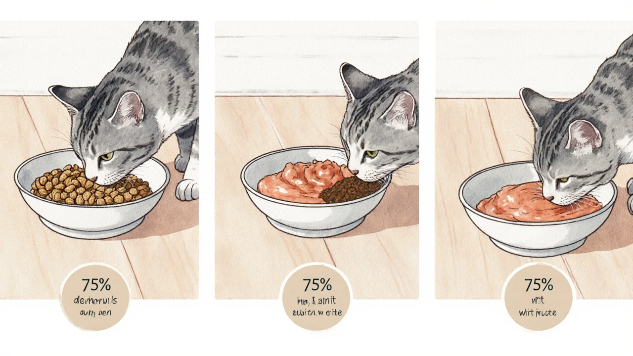 Последовательные сцены, показывающие, как кот постепенно меняет соотношение сухого и влажного корма.