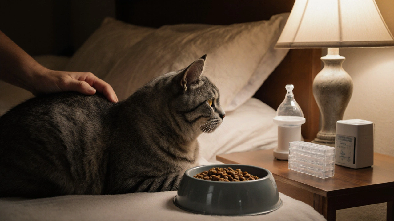 Пожилая кошка отдыхает рядом с миской специального корма для старших животных.