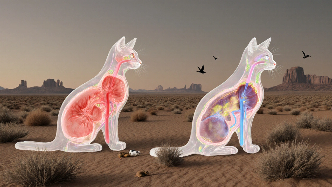 Прозрачное изображение внутренних органов кошки: почки и мочевой пузырь с концентрированной мочой и с чистой мочой.