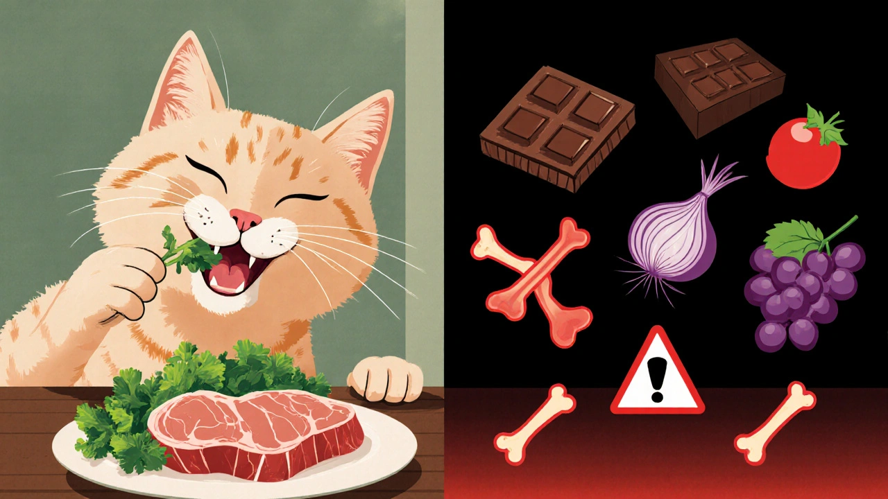 Разделённая сцена: слева — безопасные продукты для кошки, справа — ядовитые.