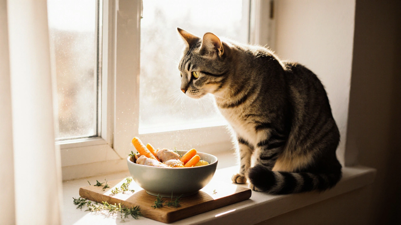 Счастливый кот ест свежие кусочки курицы и овощей в солнечном свете.