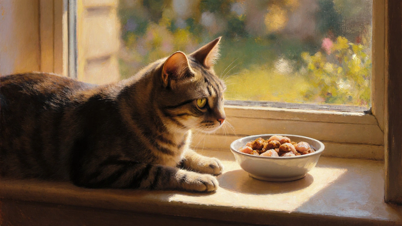 Счастливый кот ест влажный корм с видимыми кусочками мяса на солнечном подоконнике.