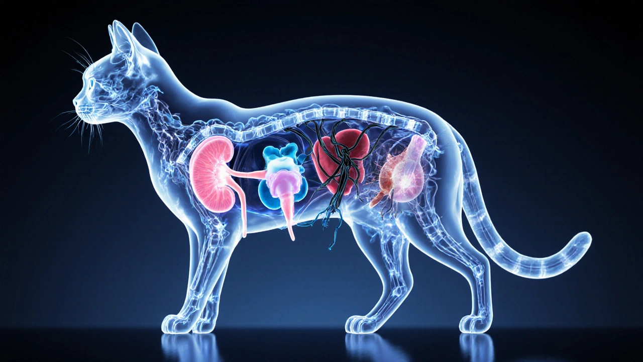 Схема внутренних органов кошки: вода течет здоровым потоком, а токсины блокируют органы.