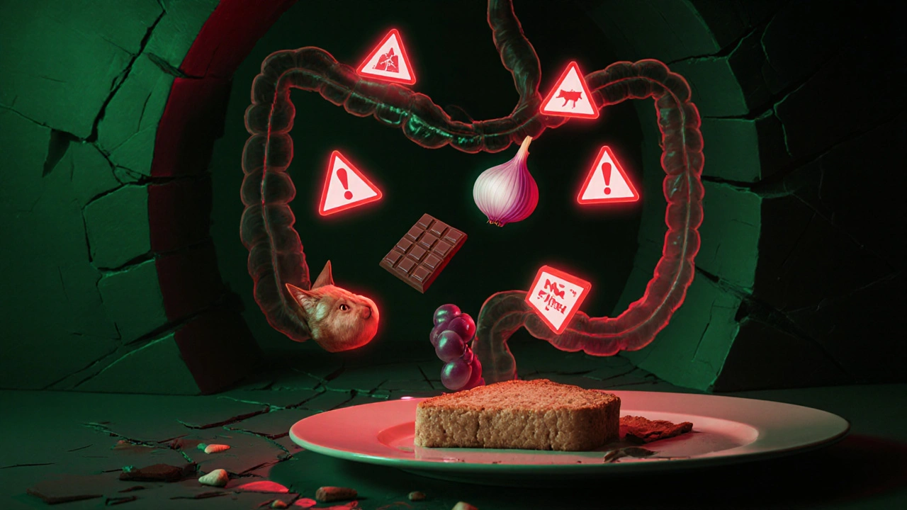 Схематичное изображение пищеварительного тракта кошки с опасными продуктами внутри.