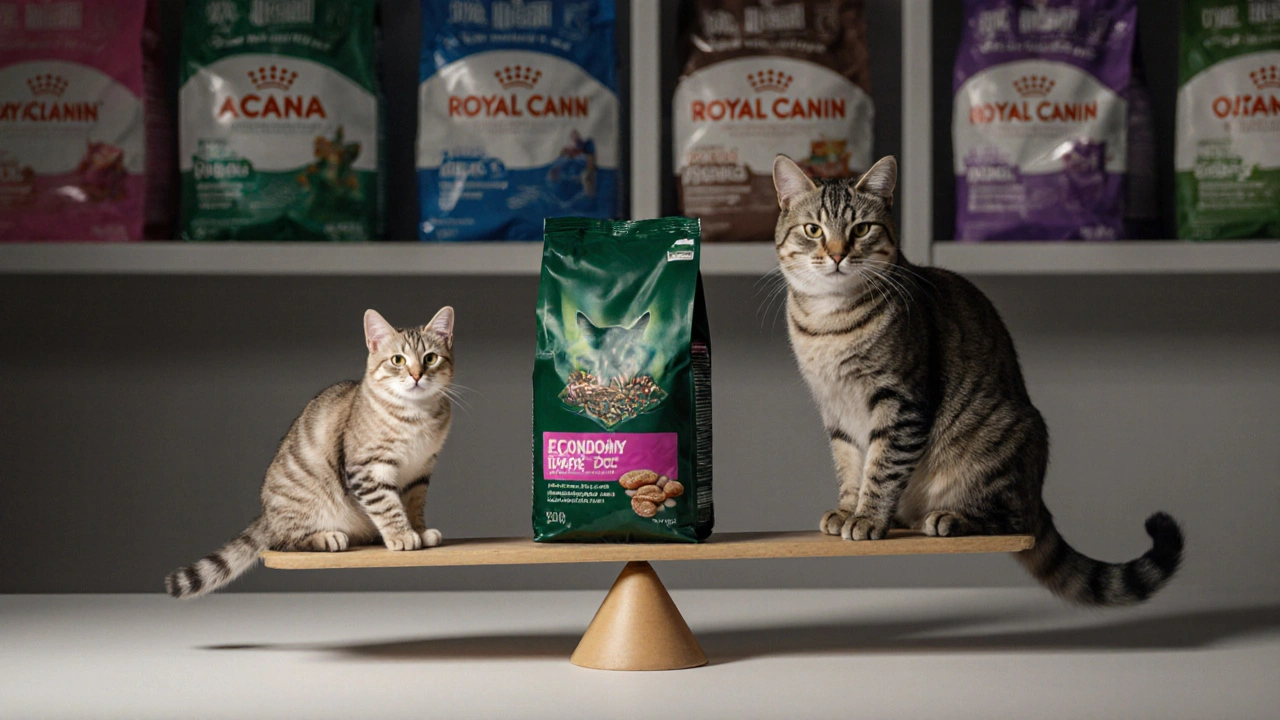 Весы с кормом: здоровая кошка на стороне премиум-корма, вялая — на стороне эконом-корма.