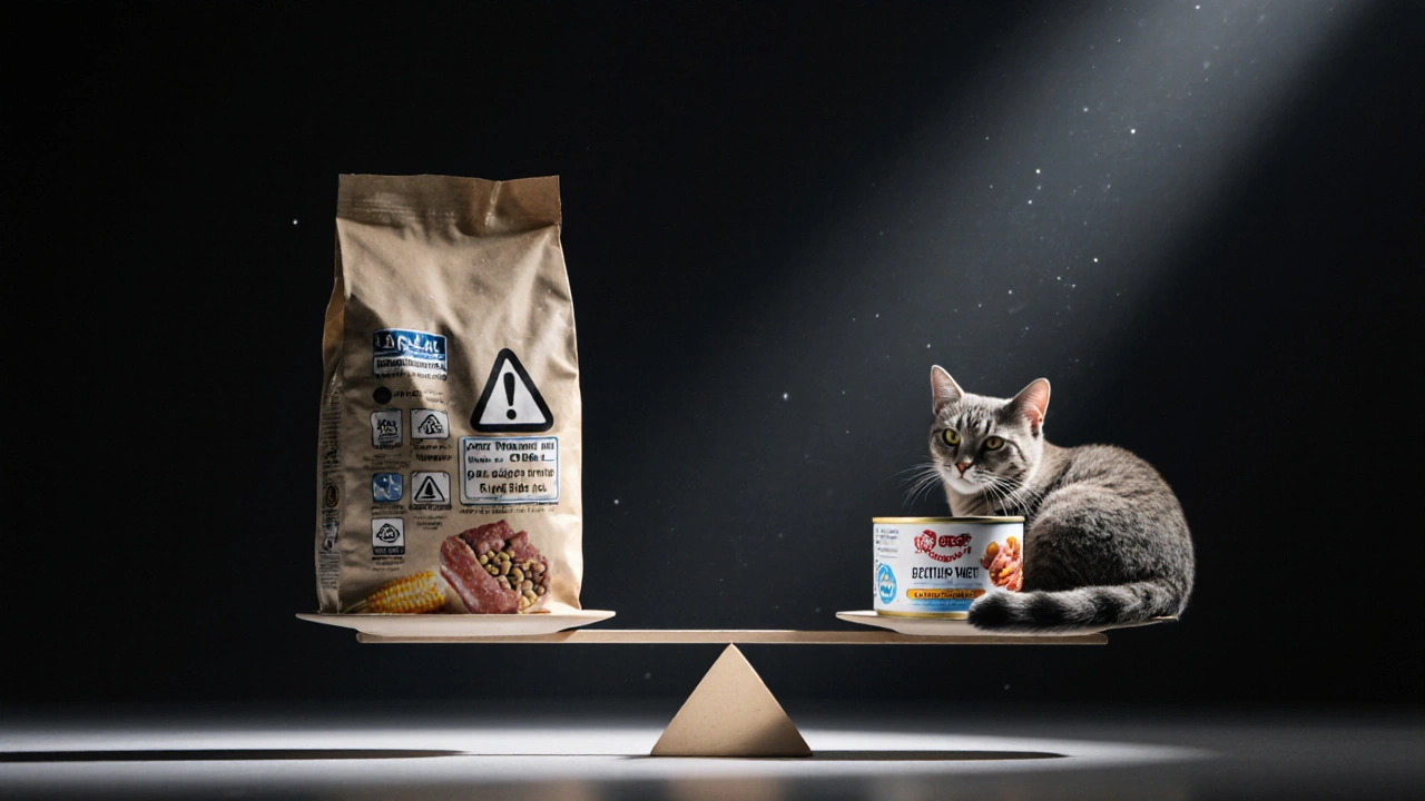 Весы: с одной стороны — сухой корм с добавками, с другой — влажный корм и здоровая кошка.