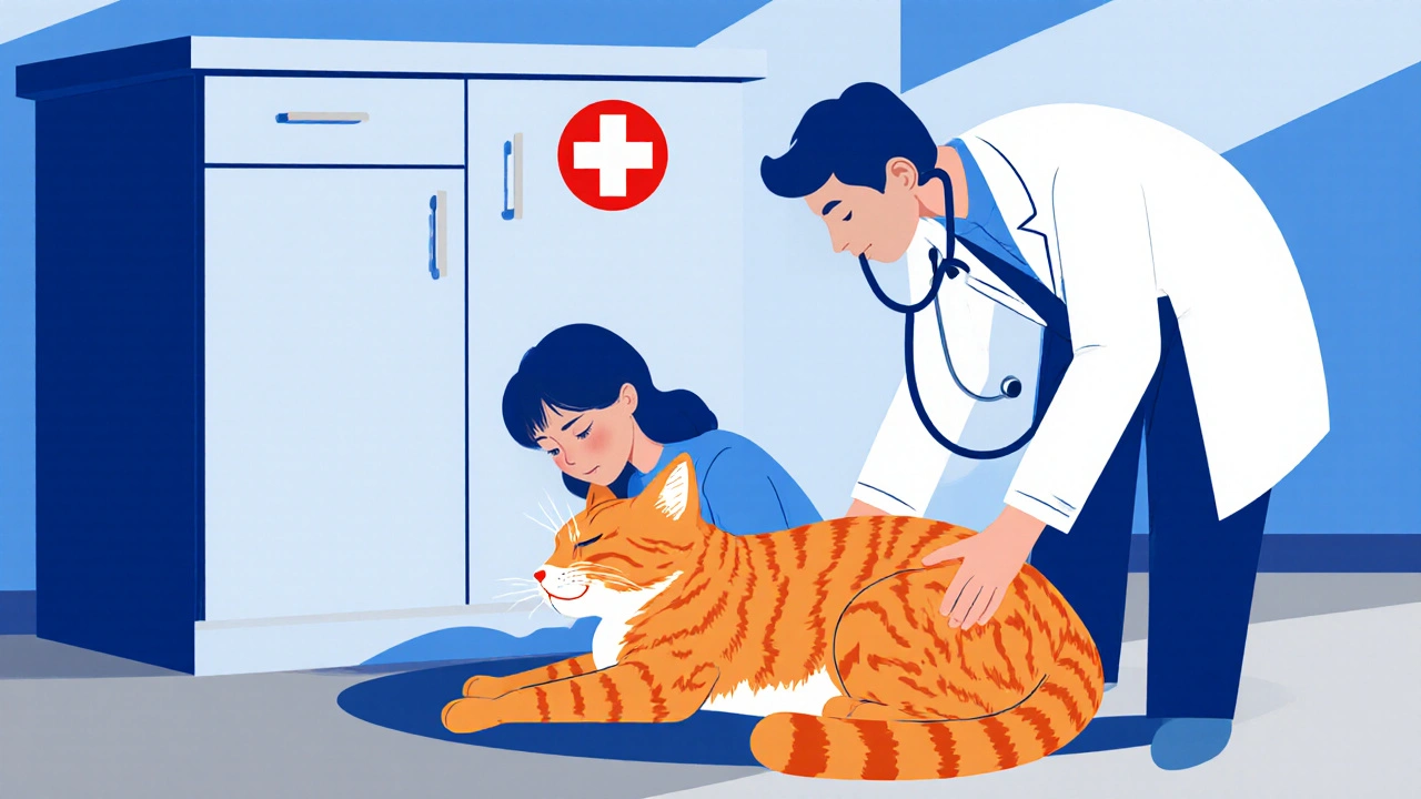 Ветеринар осматривает больного кота, рядом закрытый шкаф с красным крестом.