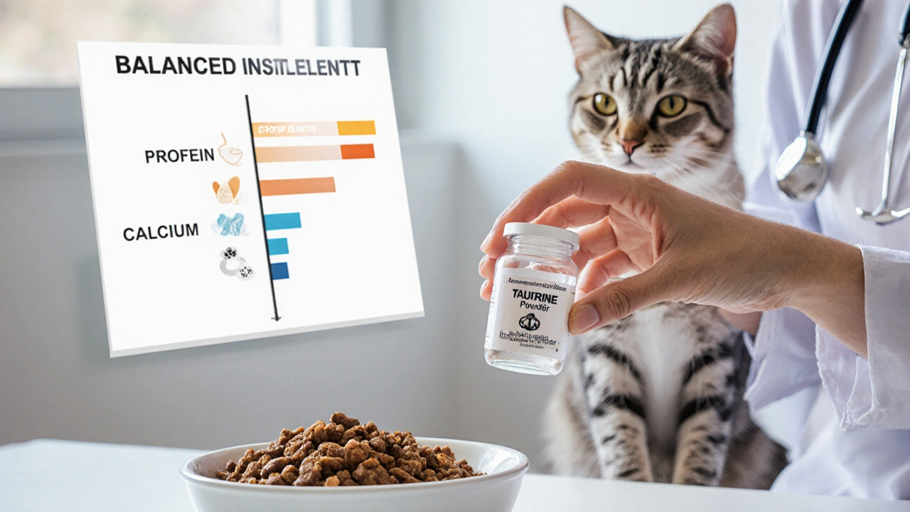Ветеринар показывает таурин для кошачьего рациона с балансом питательных веществ.