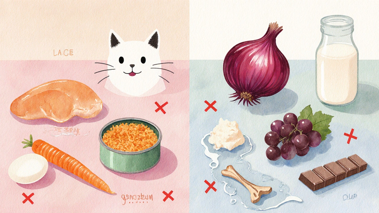 Водяная иллюстрация: безопасные продукты слева, опасные справа, с котом.