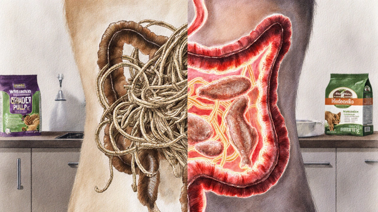 Анатомическая иллюстрация: неперевариваемые растительные волокна блокируют кишечник кошки, в отличие от легкого мяса.