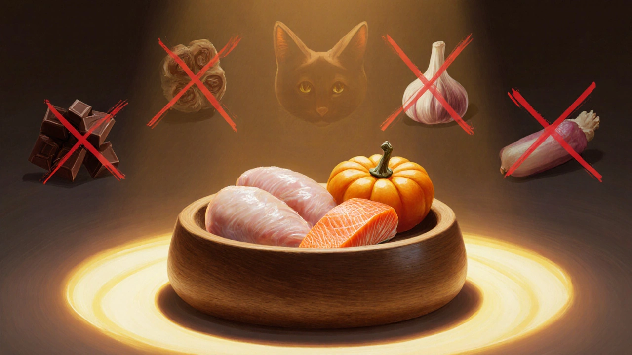 Безопасная еда для кота: варёная курица, рыба и тыква в миске.