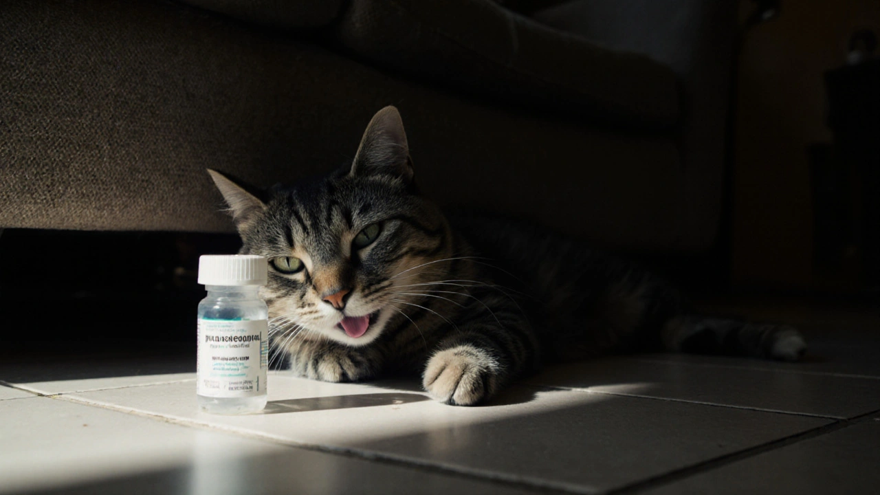 Бледно-синие десны кошки на полу, рядом лежит бутылка с парацетамолом.