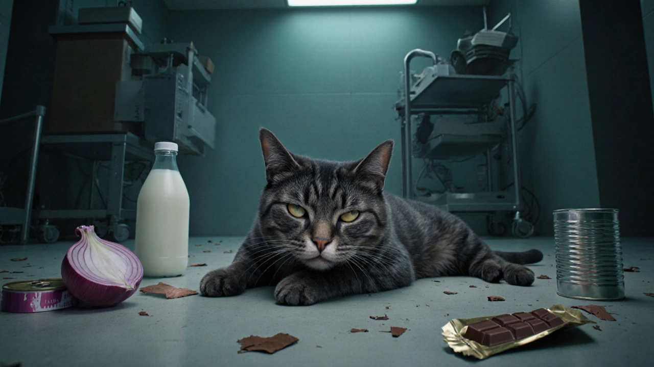 Больная кошка на полу ветеринарной клиники, вокруг — следы токсичных продуктов.