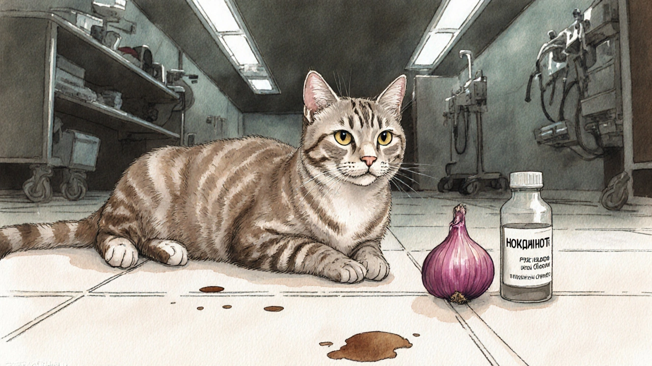 Больной кот на полу ветклиники с тёмной мочой рядом.