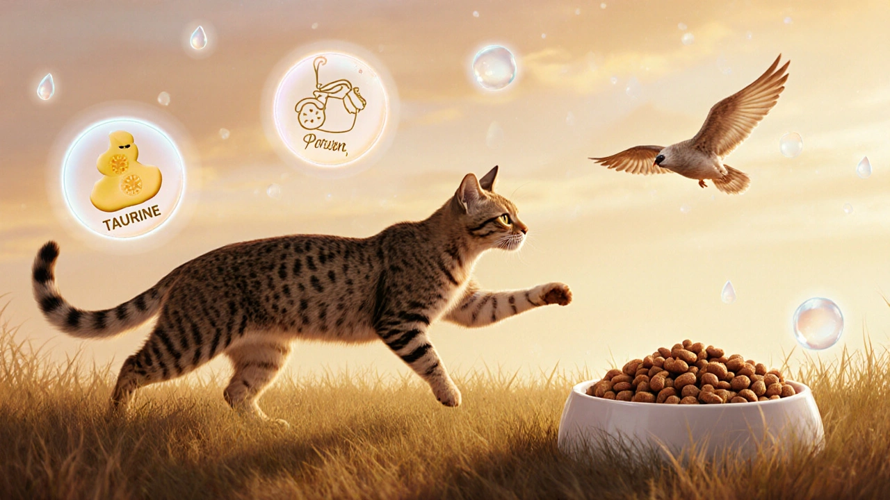 Дикая кошка охотится на птицу, вокруг светящиеся символы белка, таурина и воды.