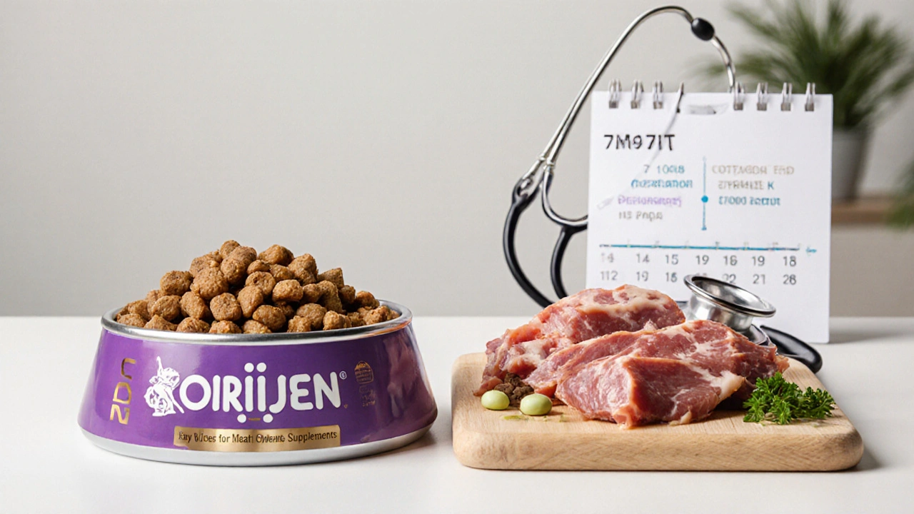 Два миски: премиум-корм и натуральные ингредиенты для кошки, рядом ветеринарный инструмент.