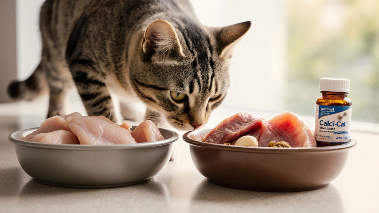 Две миски: одна с курицей, другая — с сбалансированной едой и добавкой для кошек.