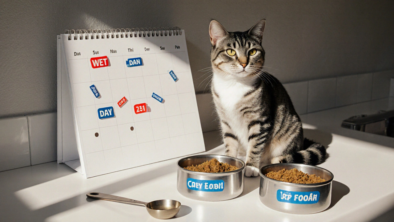 Календарь с чередованием дней влажного и сухого корма для кошки.