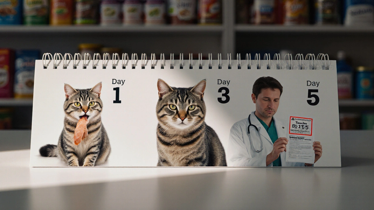 Календарь с тремя этапами: кошка сначала здоровая, потом вялая, затем с анализом крови у ветеринара.