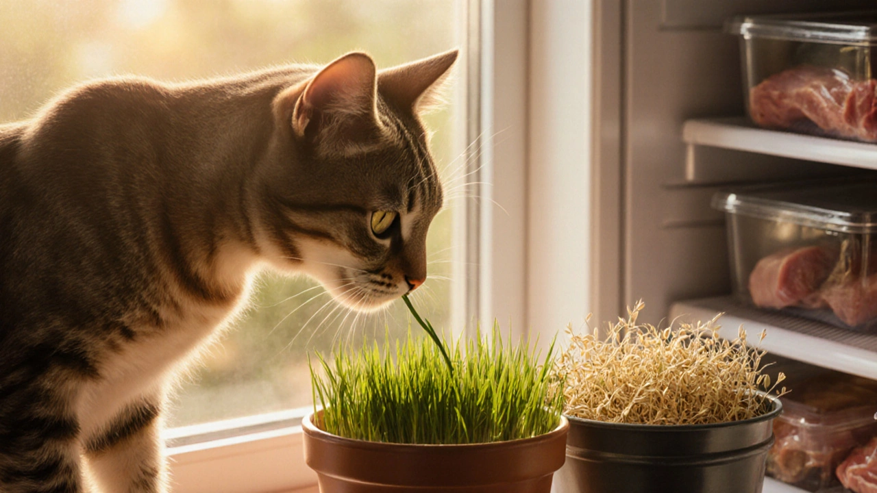 Кошка ест пшеничную траву на подоконнике, рядом горшок с овсом.