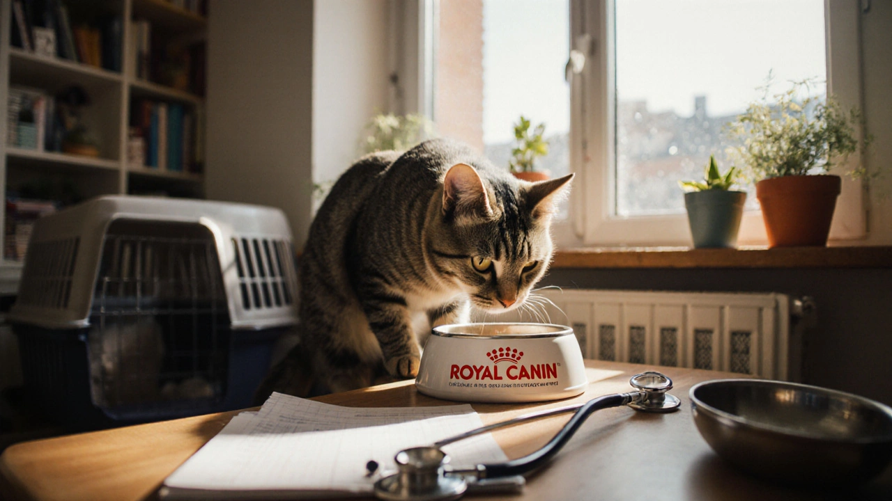 Кошка ест Royal Canin в уютной комнате, рядом видны ветеринарные принадлежности.