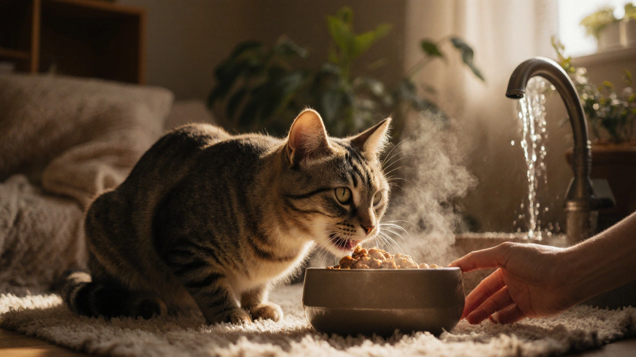 Кошка ест влажный корм из миски, рядом журчит фонтанчик, солнечный свет освещает её.