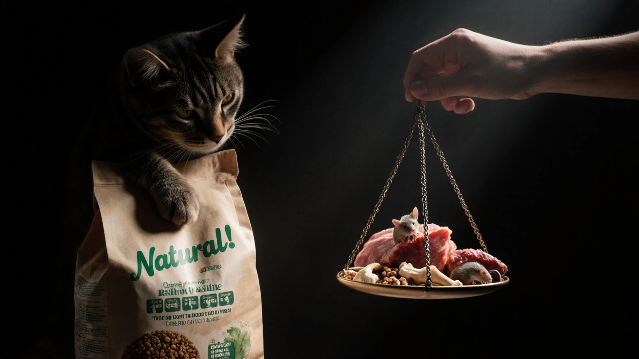 Кошка игнорирует упаковку с надписью &#039;Натуральный&#039;, обращая внимание на естественную добычу.