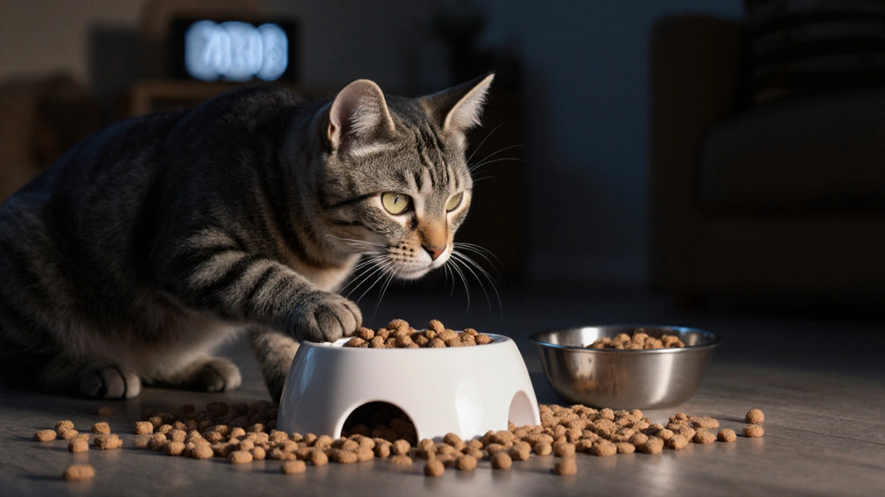 Кошка играет с кормушкой-головоломкой, постепенно получая еду.