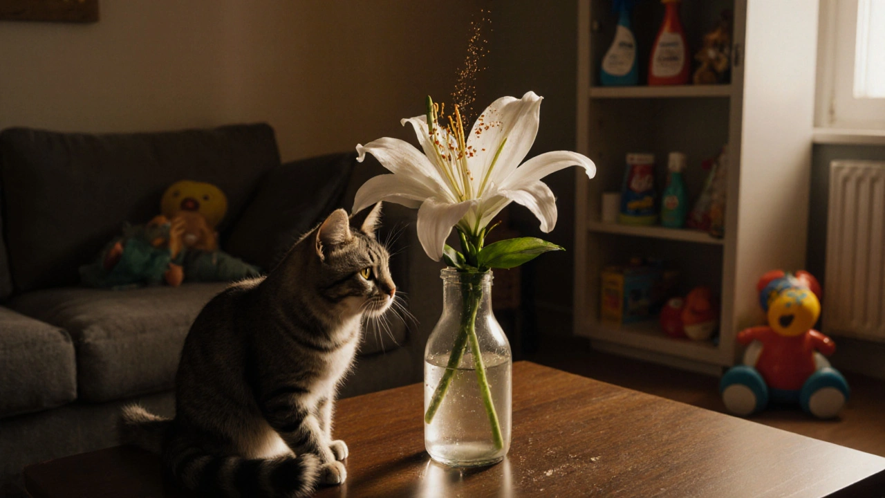 Кошка касается лепестка лилии, цветок стоит в вазе на столе, вокруг — домашние предметы.