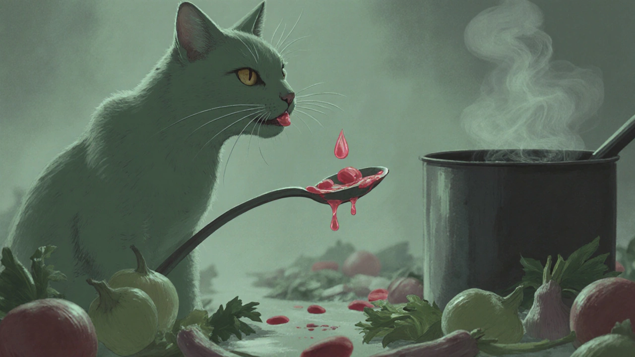 Кошка лизает луковый суп, вокруг рассыпаны овощи, а в пару поднимается кровянистый туман.