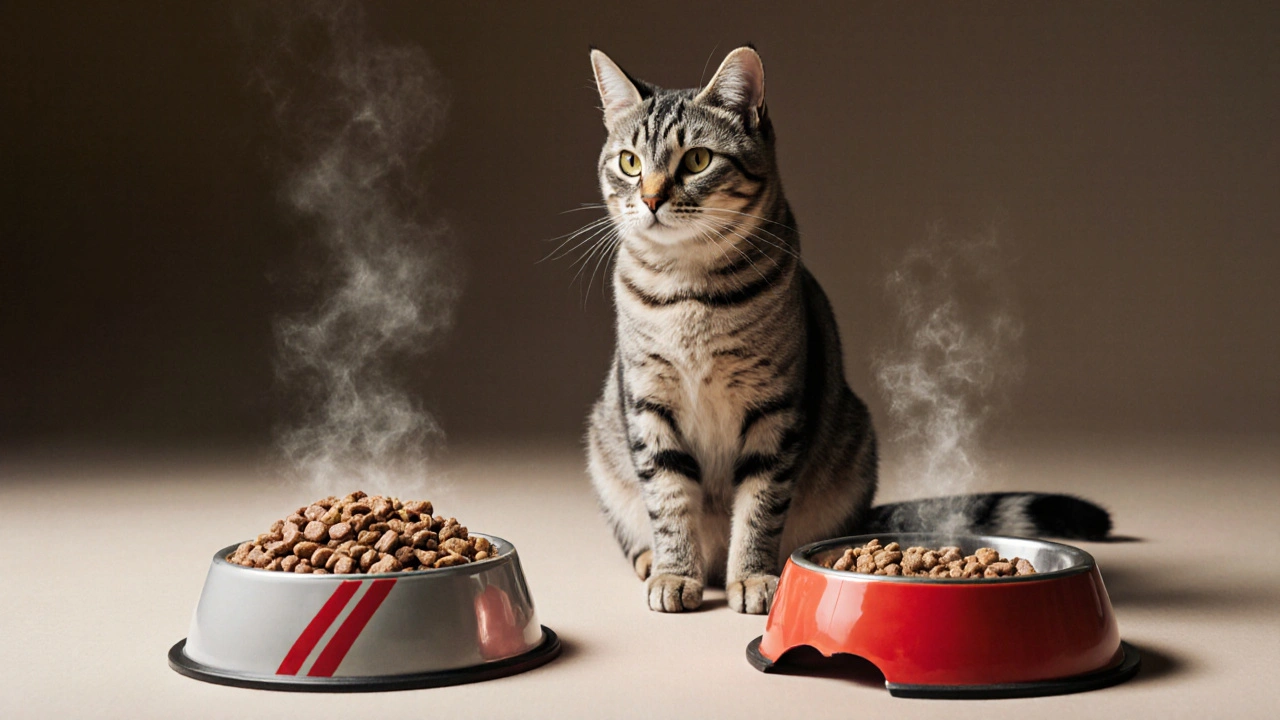 Кошка между двумя мисками: одна с качественным кормом, другая — с дешёвым.