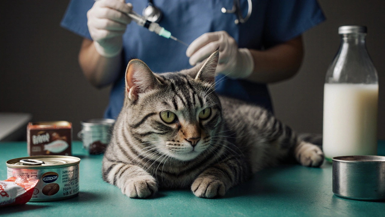 Кошка на осмотре у ветеринара, рядом — упаковки запрещённых продуктов.