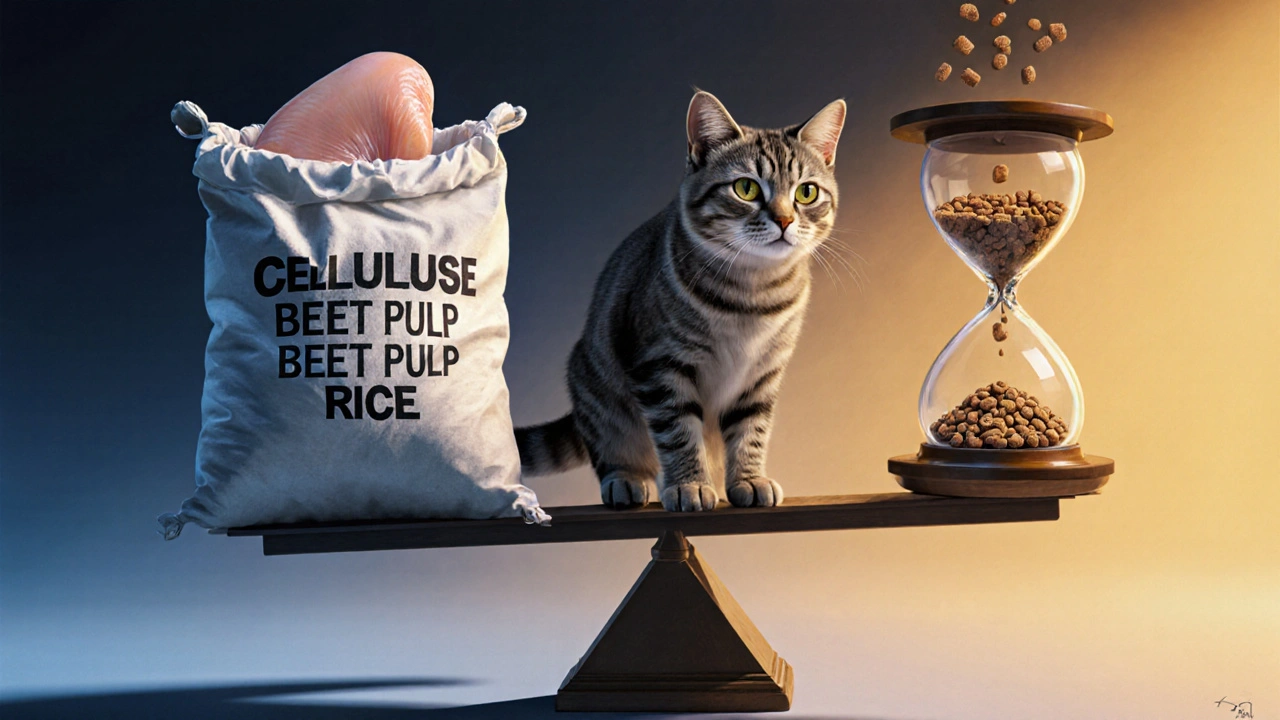 Кошка на весах: одна сторона тяжелая от растительных наполнителей, другая — с кусочком курицы.