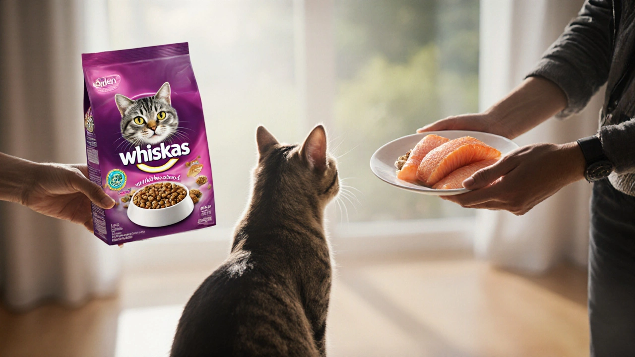 Кошка отворачивается от дешевого корма к свежему мясу, человек держит два варианта корма — плохой и качественный.