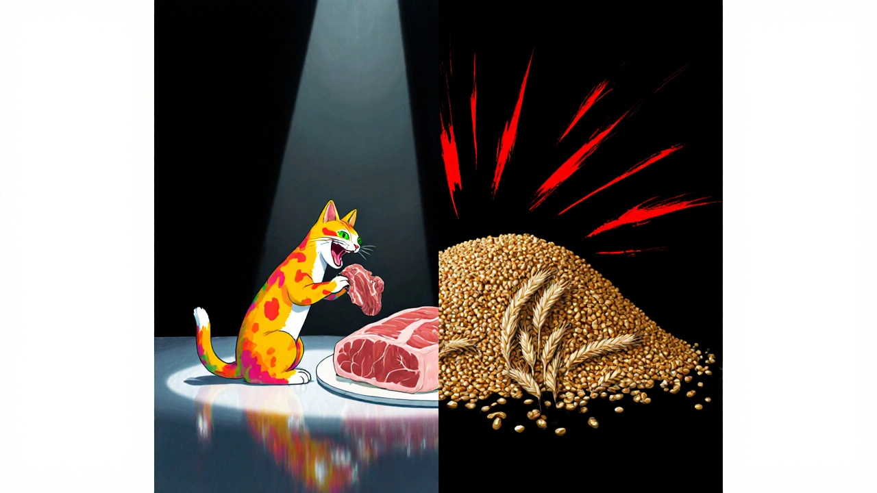 Кошка отворачивается от вредных круп, выбирая мясо.