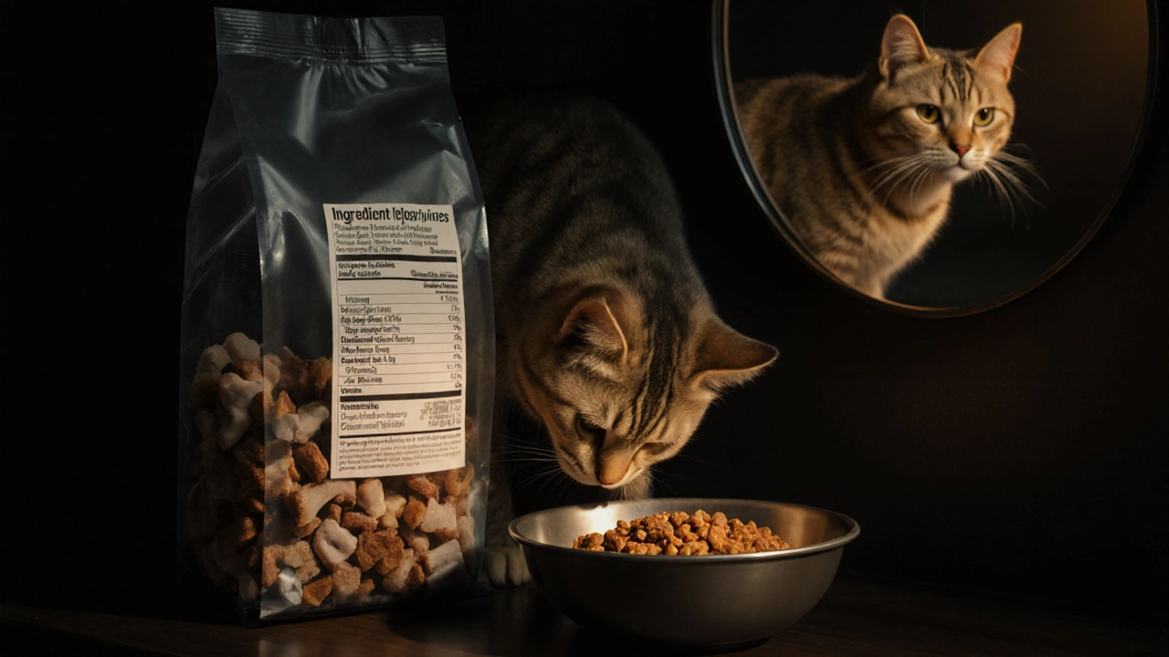 Кошка рассматривает пакет корма, а в отражении зеркала — здоровая версия себя с натуральной едой.