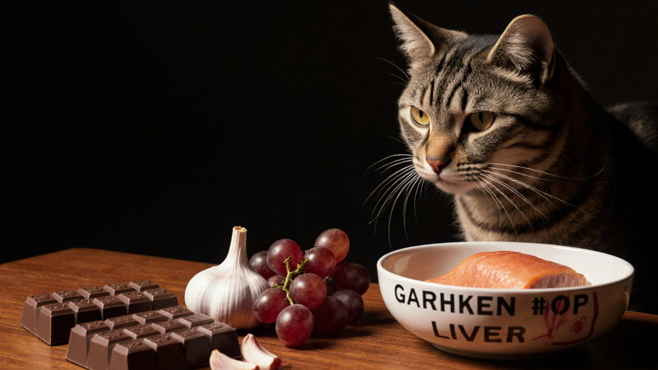 Кошка смотрит на стол с запрещённой едой, а рядом — её безопасный рацион.