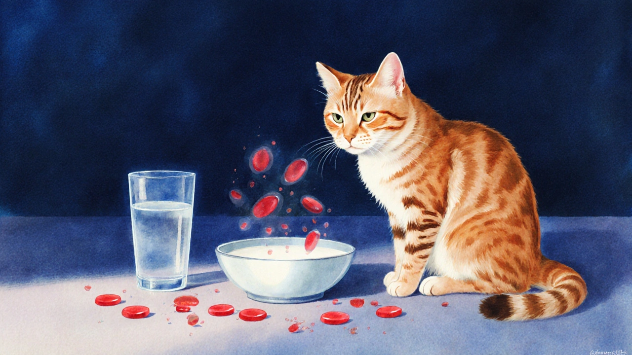 Кошка смотрит на воду, в то время как молоко вокруг неё разрушается.